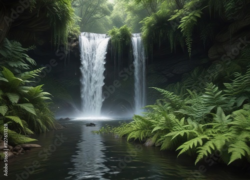 Waterfall in dense forest with ferns and foliage surrounding the cascading water, Scenic Beauty, Rocky Terrain, Wild, Untouched Nature photo