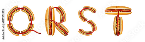 Letters Q, R, S, T made from a hot dog