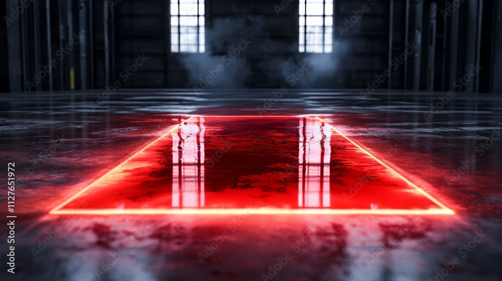 Naklejka premium Pool of vibrant red oil on dirty concrete floor, abandoned warehouse, smoke fills air, eerie silence, intense focus on industrial textures