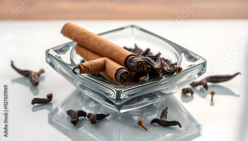 Kretek black clove cigarretes and cloves, with a transparent glass ashtray, on top of a mirror glass reflective surface isolated with white highlights, png photo