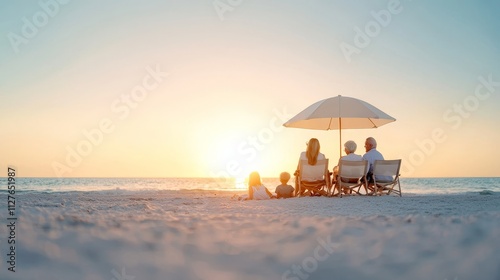 Multi-generational family on beach, kids playing, grandparents relaxed on chairs under umbrellas, soft pastel beach tones at sunset