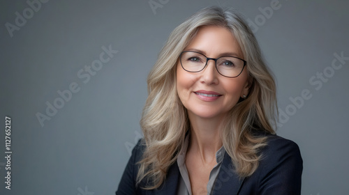 Portrait of a cheerful senior businesswoman in glasses posing in a studio against a gray backdrop