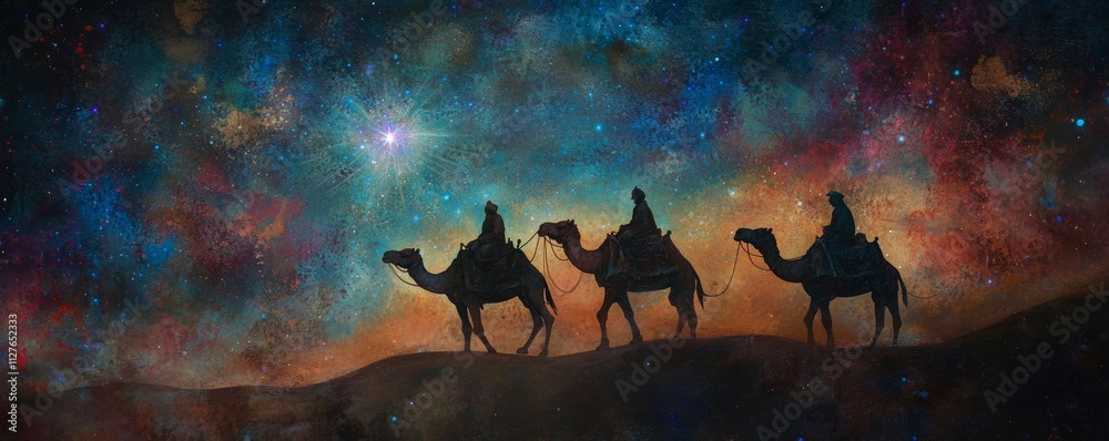 three wise men following the star of bethlehem across a starry night ...