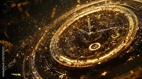 Golden clock face with glittering particles.