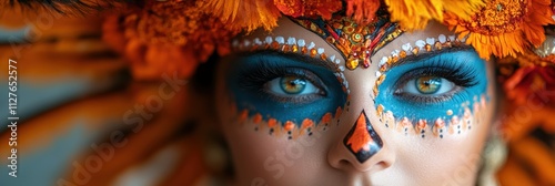 A mesmerizing close-up portrait capturing the intricate details of traditional face paint adorned with vibrant orange and blue hues, symbolizing cultural heritage.