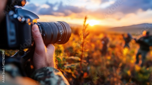 A photographer skillfully captures the golden hues of a sunset, symbolizing the beauty of nature and the art of photography amid serene surroundings. photo