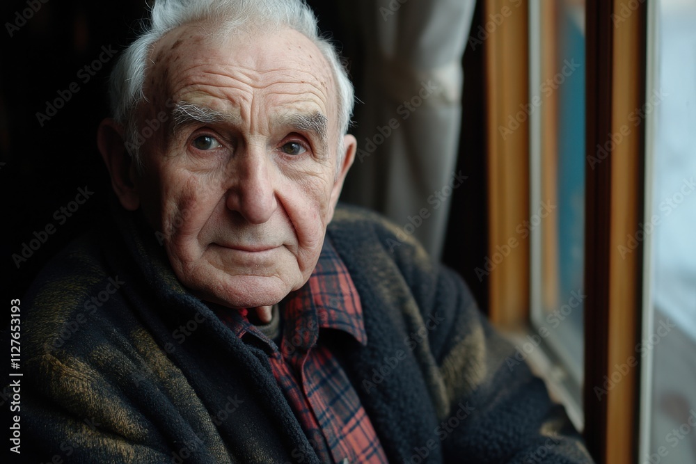 Elderly man with weathered hands in natural window light, high detail , with copy space Elderly man with weathered hands in natural window light, high detail , with copy space