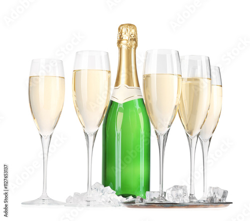 Bottle and glasses of champagne with ice cubes isolated on white