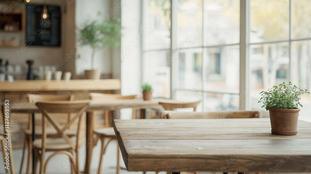 Obraz premium Rustic urban cafe with wooden tables, chairs. Large windows offer natural light. Relaxed atmosphere. People are enjoying drinks, pastries. Cozy, inviting place. Small business ambiance. City life.