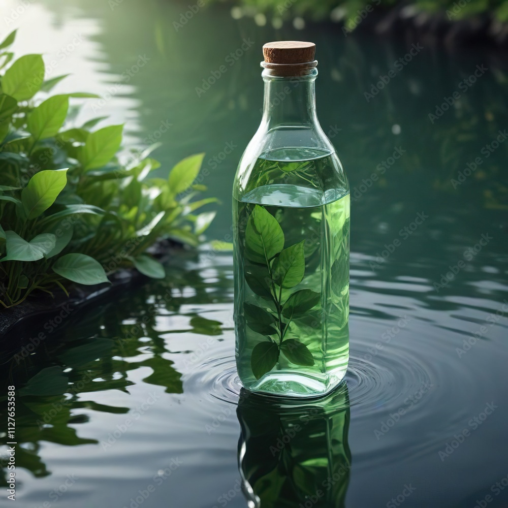 Sleek bottle with green leaves reflection on water surface, tranquility, spa product, aquatic, peaceful Sleek bottle with green leaves reflection on water surface, tranquility, spa product, aquatic, peaceful