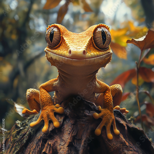 Crested gecko looking forward sitting on a piece of bark photo