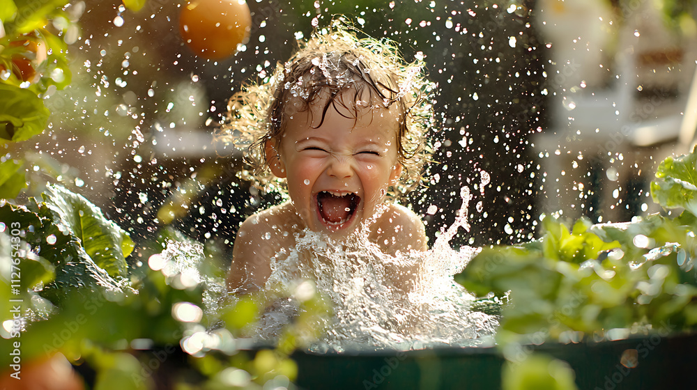 joyful child splashing water in garden, surrounded by greenery and sunlight joyful child splashing water in garden, surrounded by greenery and sunlight