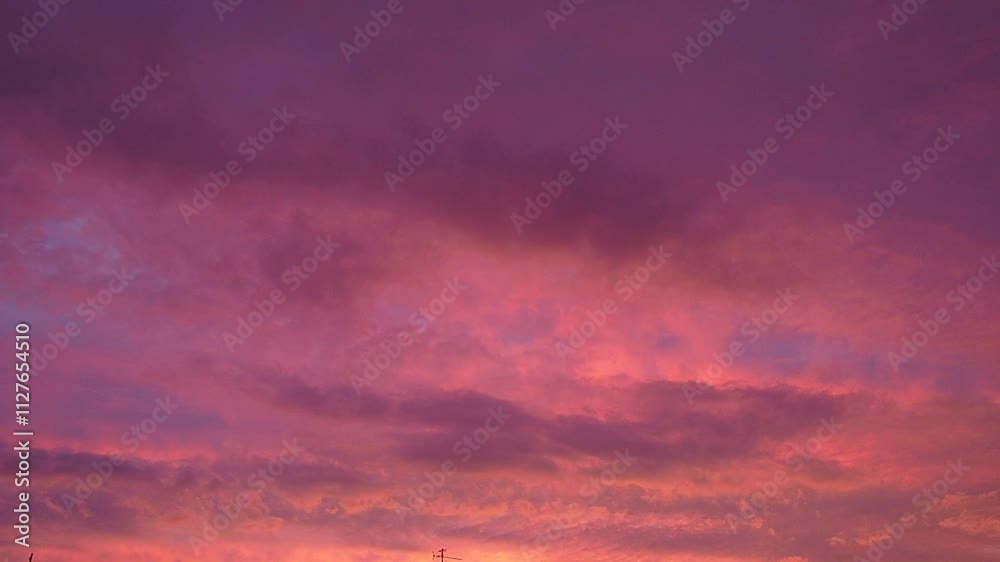Pink purple sunset sky clouds. Soft cold hue of lilac and violet casts serene and beautiful atmosphere. Gentle rays of setting sun paint horizon. Dramatic sunset. Real time, cumulus clouds