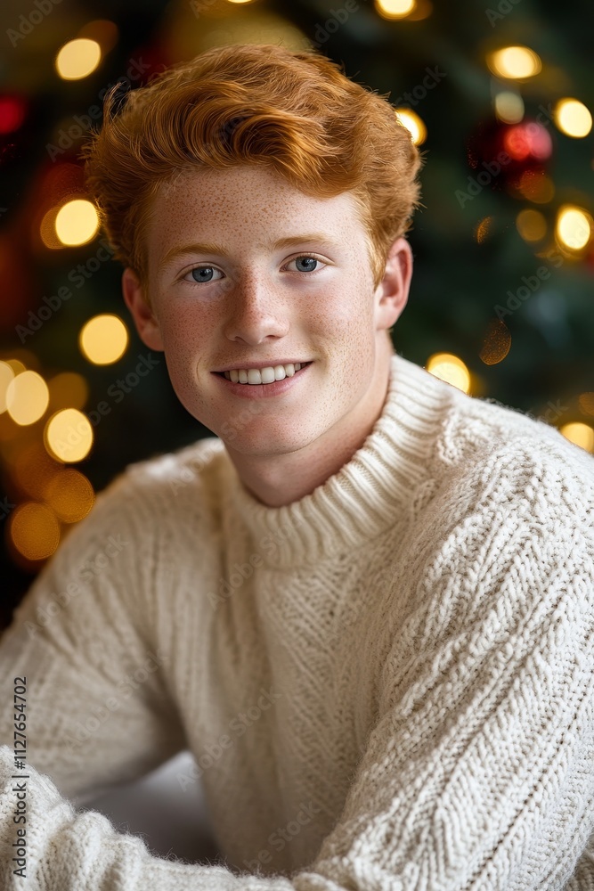 Near a magnificently adorned Christmas tree, a young man with red hair shines with a smile.
