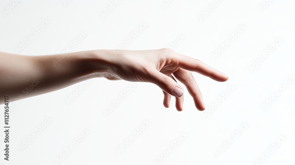 Feminine hand gently holding, close-up with realistic texture, unique angle, soft light, dynamic perspective, isolated on white background