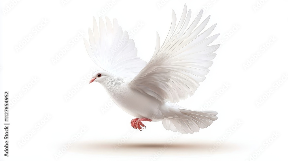 Fototapeta premium White dove with spread wings, mid-air with slight motion blur, delicate feather texture, realistic style, isolated on white background