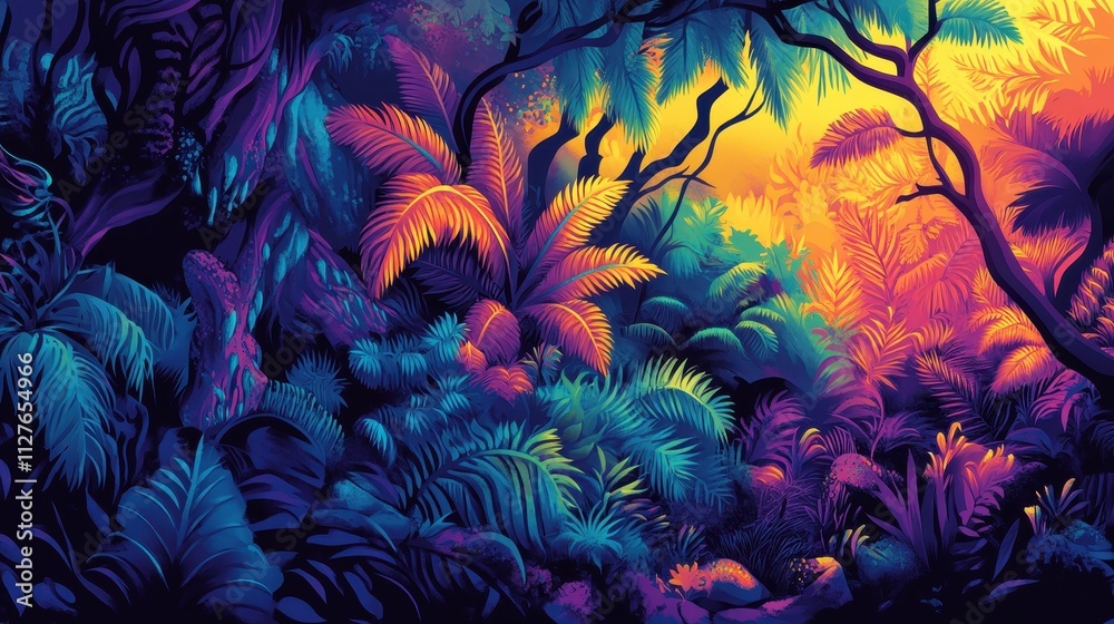 Vibrant Tropical Rainforest Night Scene Lush Foliage Vibrant Tropical Rainforest Night Scene Lush Foliage