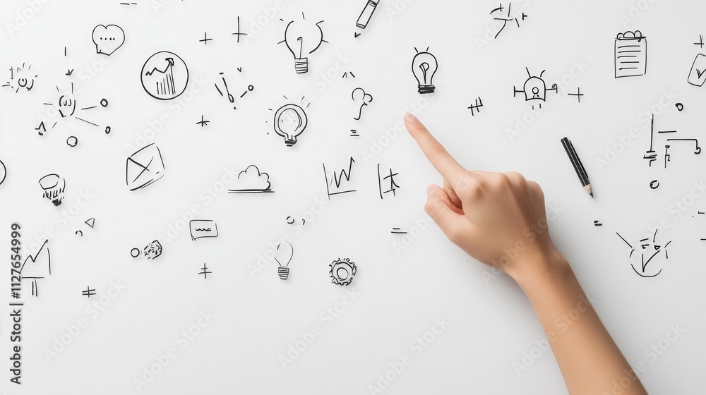 A hand points to a whiteboard covered with various hand-drawn business ideas and diagrams A hand points to a whiteboard covered with various hand-drawn business ideas and diagrams