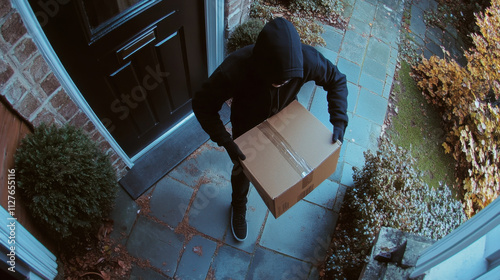 cctv surveillance shot of a thief stealing a parcel from someones home