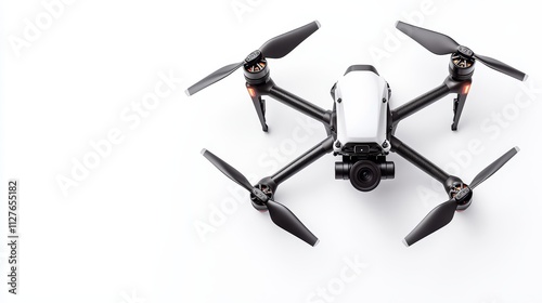 a drone from below with visible propellers and camera, shadowed for depth, isolated on white background