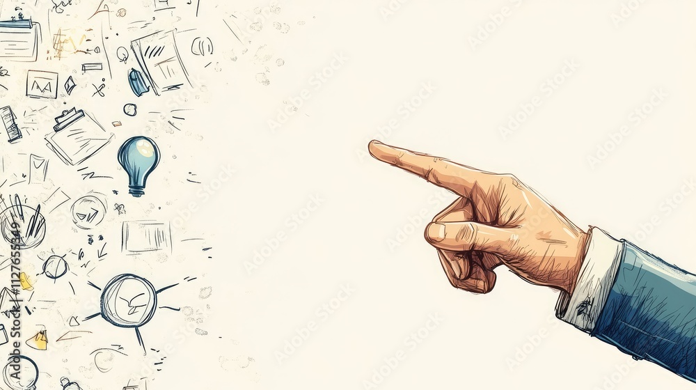 A hand points to a whiteboard covered with various hand-drawn business ideas and diagrams A hand points to a whiteboard covered with various hand-drawn business ideas and diagrams