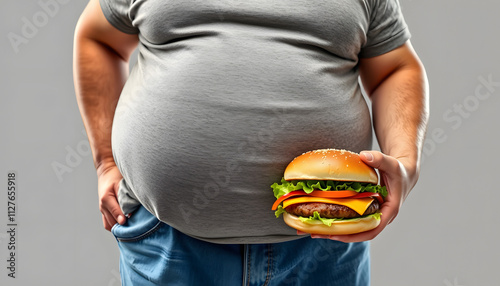 unhealthy eating, glutton, bad nutritional habits, overeating, fast food, overweight. fat man with big potbelly and hamburger isolated with white highlights, png photo