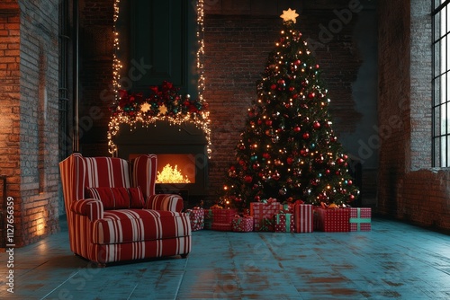 Beside a roaring fireplace, a snug red chair enveloped in wrapped presents creates an atmosphere of warmth and festive joy.
