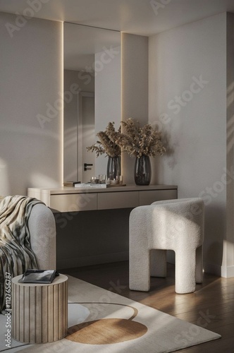 Interior of modern scandinavian bathroom with white walls, wooden floor, beige sofa and round mirror. 3d render
