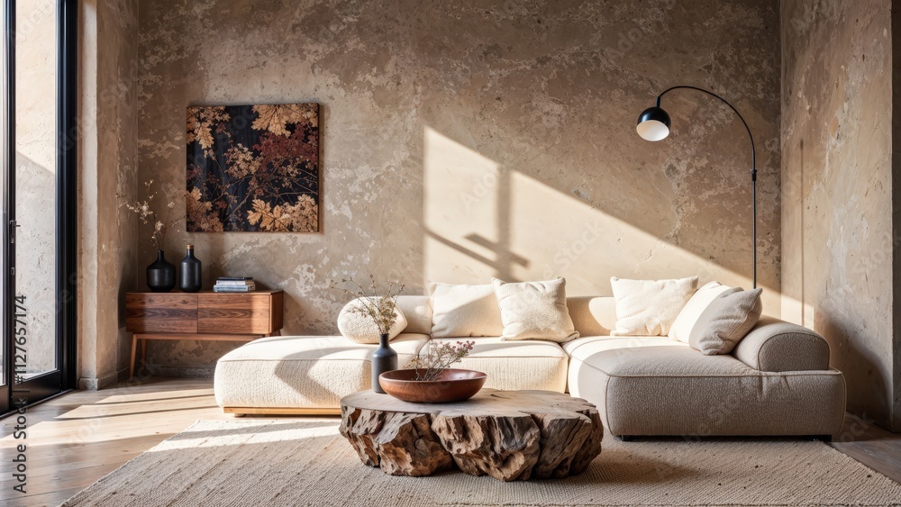 Fototapeta premium Generative AI, Modern living room with golden-hour lighting, organic textures, and earthy tones