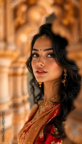 Portrait of a beautiful indian woman in a red dress.