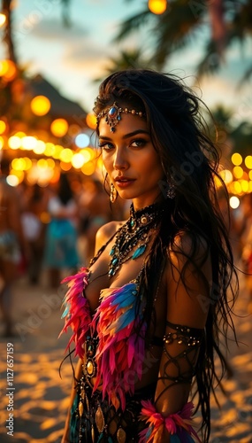 Beautiful young woman in a boho style costume dancing on the beach
