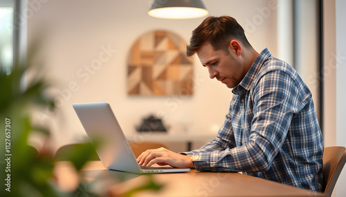 Man with poor posture using laptop at table indoors isolated with white highlights, png