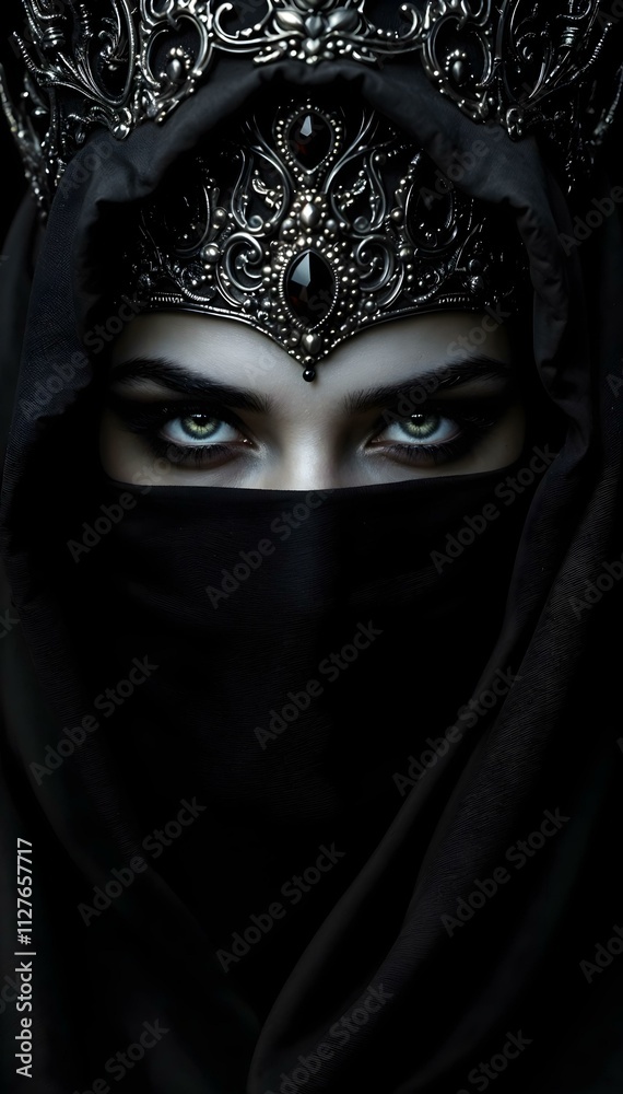 Closeup portrait of beautiful arabian woman in black veil.