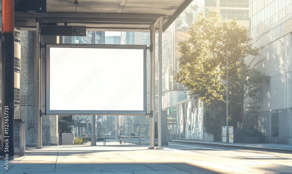 White blank banner mockup at a downtown bus stop, bright afternoon sunlight, soft shadows, cityscape background. White blank banner mockup at a downtown bus stop, bright afternoon sunlight, soft shadows, cityscape background.