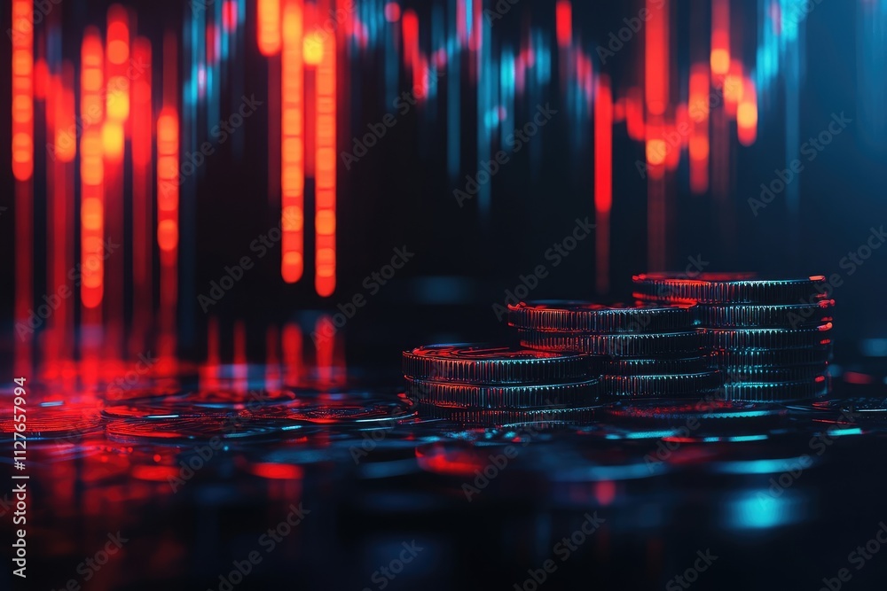 Close-up view of stacks of coins in front of a financial chart displayed on a monitor