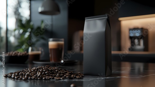 Black coffee bag mockup on kitchen counter with beans and espresso. photo