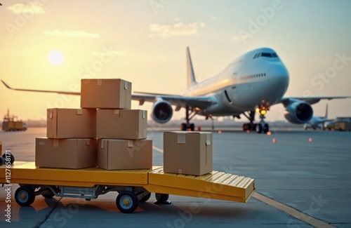 Cargo boxes stack on yellow transport cart at airport. Airplane stands in background. Sunrise light. Busy airport scene. Logistics, cargo, transportation, packages, delivery, goods. photo