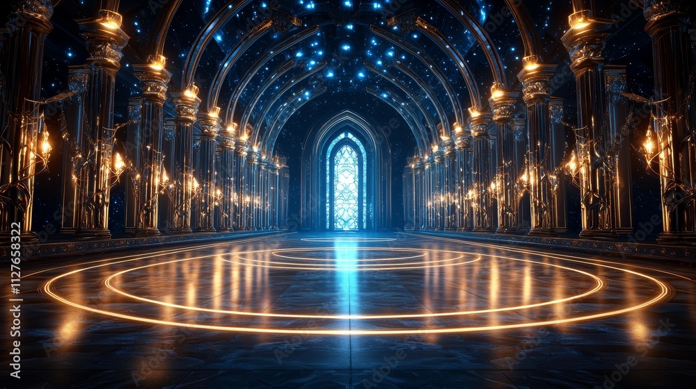 Golden-blue royal throne room, close-up of shimmering decor, glowing stained glass windows, and exquisite carved details for a majestic digital scene Golden-blue royal throne room, close-up of shimmering decor, glowing stained glass windows, and exquisite carved details for a majestic digital scene