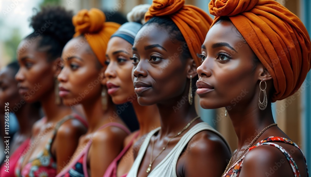Fototapeta premium Group of African women together. Powerful image representing women rights. Diverse group shows unity, strength. Fashionable attire, accessories. Multicultural pride, togetherness. Strong, confident