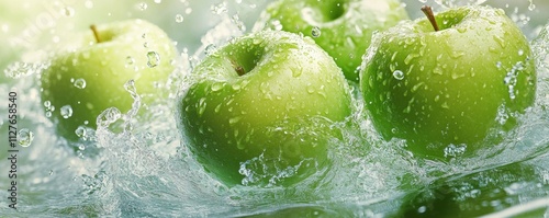 Whole apple diving into splash with crisp droplets, fresh harvest, juicy appeal photo