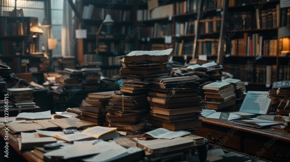 Obraz premium Stacks of documents on a cluttered desk symbolize overwhelming bookkeeping tasks.