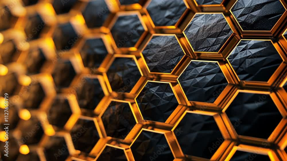 Abstract allure of a golden honeycomb on a black backdrop, radiating elegance and richness, Ai Generated. Abstract allure of a golden honeycomb on a black backdrop, radiating elegance and richness, Ai Generated.
