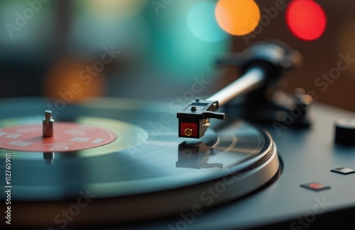 Vintage turntable plays vinyl record. Tonearm and needle in focus. Retro music player. Listening to music with analog technology. Nostalgia for old times. Audiophile equipment. Music lover. photo