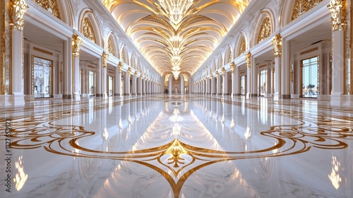 Golden palace corridor, close-up of marble inlay and gilded accents, ethereal lighting, with copy space for an opulent, royal theme photo