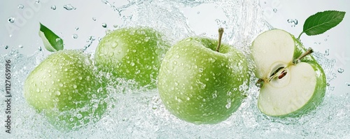 Whole apple diving into splash with crisp droplets, fresh harvest, juicy appeal photo