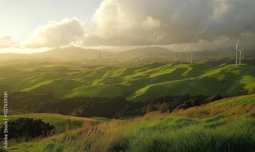 Wind turbines on green hills Wind turbines on green hills