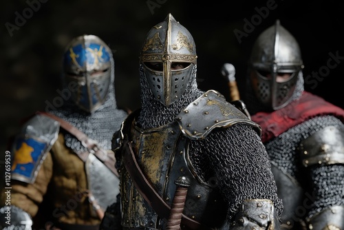 Medieval knights with modern military gear, tactical lighting setup, armor detail, with copy space photo