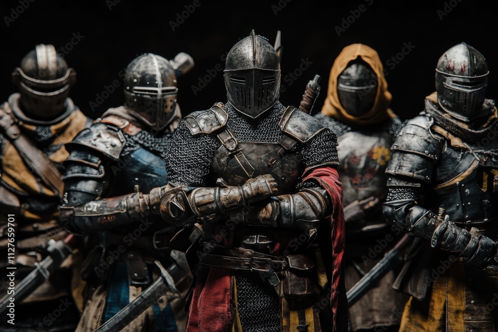 Medieval knights with modern military gear, tactical lighting setup, armor detail, with copy space Medieval knights with modern military gear, tactical lighting setup, armor detail, with copy space