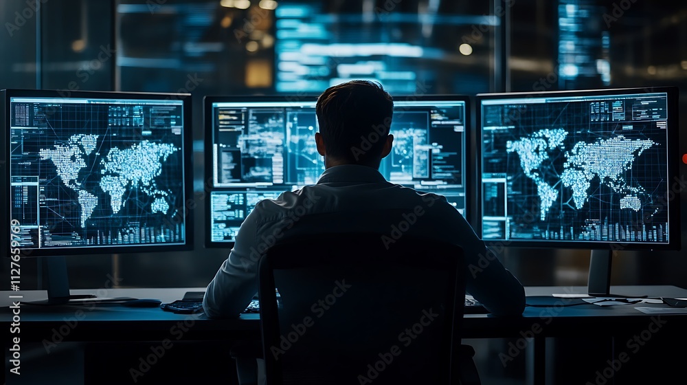 A person working at multiple screens displaying global data and maps in a tech environment. A person working at multiple screens displaying global data and maps in a tech environment.