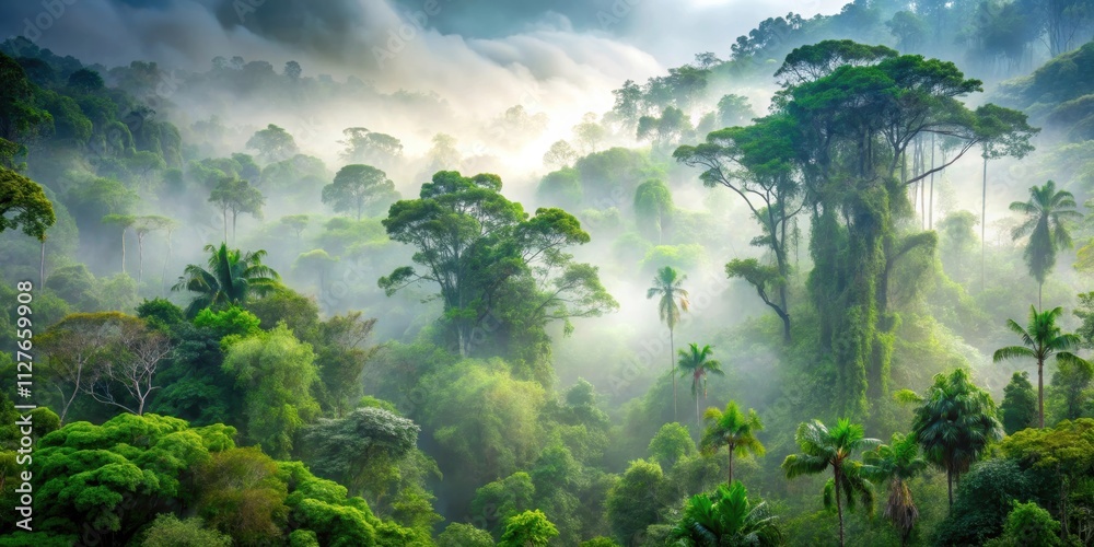 Exotic foggy forest with misty trees and lush vegetation , jungle, panorama, oasis, natural, landscape, foggy, dark, forest Exotic foggy forest with misty trees and lush vegetation , jungle, panorama, oasis, natural, landscape, foggy, dark, forest